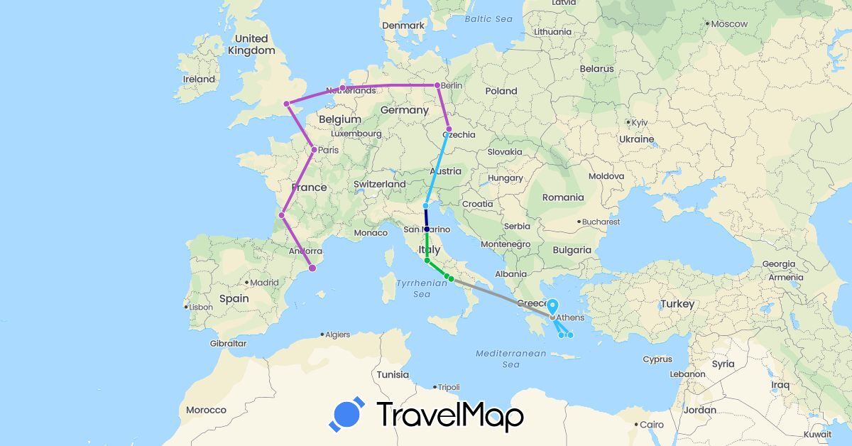 TravelMap itinerary: driving, bus, plane, train, boat in Czech Republic, Germany, Spain, France, United Kingdom, Greece, Italy, Netherlands, San Marino (Europe)